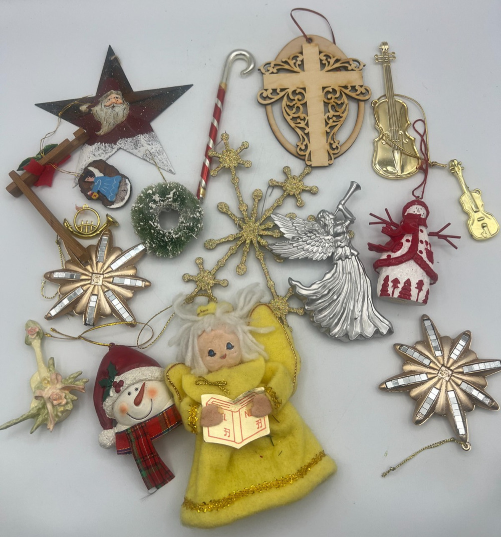 Vintage Christmas Ornament Lot Mixed Angel Snowman Santa Violin Cross Holiday